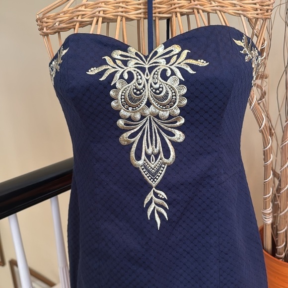 Lily Pulitzer NWT Elegant Navy Blue Dress with Intricate gold Embroidery - Picture 2 of 12